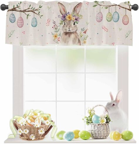 ستائر أرنب بيضة عيد الفصح لنوافذ المطبخ، ستائر ستائرية لغرفة المعيشة، زهور الربيع، قضيب أرنب، جيب نافذة، معالجة نافذة حمراء لغرفة نوم الحمام، 54 × 18 بوصة، قابلة للغسل in Kuwait