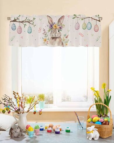 ستائر أرنب بيضة عيد الفصح لنوافذ المطبخ، ستائر ستائرية لغرفة المعيشة، زهور الربيع، قضيب أرنب، جيب نافذة، معالجة نافذة حمراء لغرفة نوم الحمام، 54 × 18 بوصة، قابلة للغسل in Kuwait