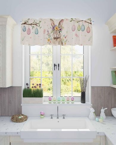 ستائر أرنب بيضة عيد الفصح لنوافذ المطبخ، ستائر ستائرية لغرفة المعيشة، زهور الربيع، قضيب أرنب، جيب نافذة، معالجة نافذة حمراء لغرفة نوم الحمام، 54 × 18 بوصة، قابلة للغسل in Kuwait