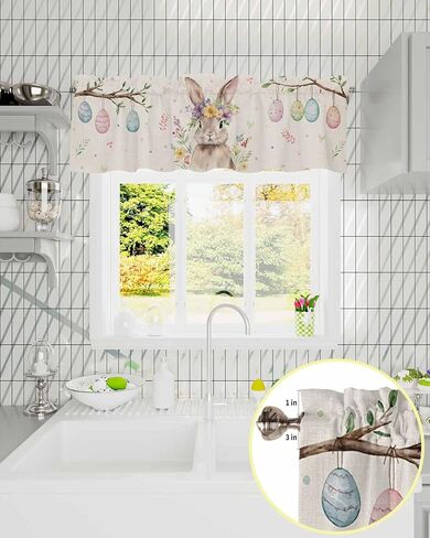 ستائر أرنب بيضة عيد الفصح لنوافذ المطبخ، ستائر ستائرية لغرفة المعيشة، زهور الربيع، قضيب أرنب، جيب نافذة، معالجة نافذة حمراء لغرفة نوم الحمام، 54 × 18 بوصة، قابلة للغسل in Kuwait