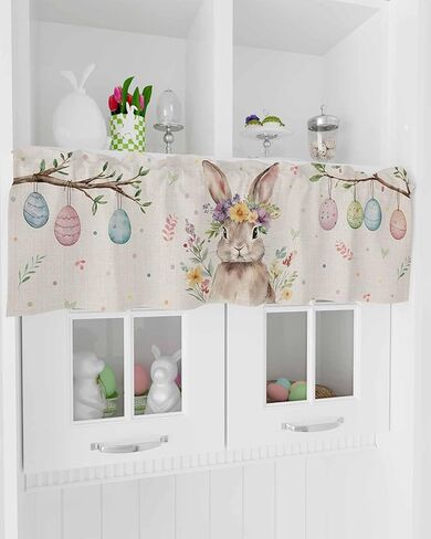 ستائر أرنب بيضة عيد الفصح لنوافذ المطبخ، ستائر ستائرية لغرفة المعيشة، زهور الربيع، قضيب أرنب، جيب نافذة، معالجة نافذة حمراء لغرفة نوم الحمام، 54 × 18 بوصة، قابلة للغسل in Kuwait