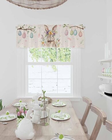 ستائر أرنب بيضة عيد الفصح لنوافذ المطبخ، ستائر ستائرية لغرفة المعيشة، زهور الربيع، قضيب أرنب، جيب نافذة، معالجة نافذة حمراء لغرفة نوم الحمام، 54 × 18 بوصة، قابلة للغسل in Kuwait