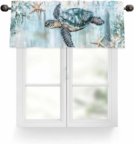 Nautical Coastal Valance for Windows, Beach Sea Turtle Starfish Ocean Ocean Rod Pocket Curtain Valances for Living Room Bathroom Underwater World Window Treatment Valances 54"W x 18"L, 1 Panel in Kuwait
