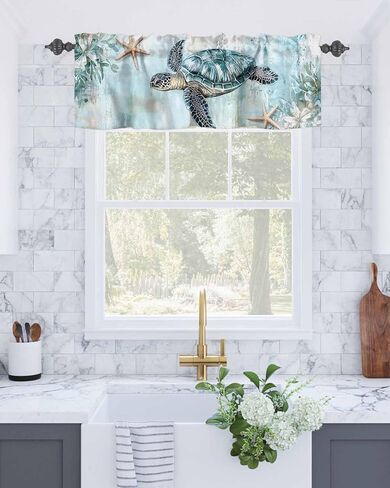 Nautical Coastal Valance for Windows, Beach Sea Turtle Starfish Ocean Ocean Rod Pocket Curtain Valances for Living Room Bathroom Underwater World Window Treatment Valances 54"W x 18"L, 1 Panel in Kuwait