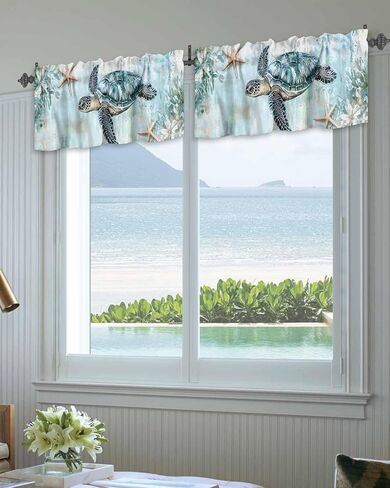 Nautical Coastal Valance for Windows, Beach Sea Turtle Starfish Ocean Ocean Rod Pocket Curtain Valances for Living Room Bathroom Underwater World Window Treatment Valances 54"W x 18"L, 1 Panel in Kuwait