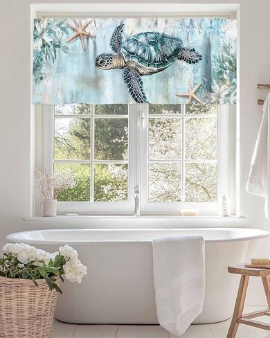 Nautical Coastal Valance for Windows, Beach Sea Turtle Starfish Ocean Ocean Rod Pocket Curtain Valances for Living Room Bathroom Underwater World Window Treatment Valances 54"W x 18"L, 1 Panel in Kuwait