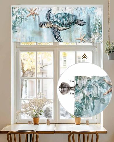 Nautical Coastal Valance for Windows, Beach Sea Turtle Starfish Ocean Ocean Rod Pocket Curtain Valances for Living Room Bathroom Underwater World Window Treatment Valances 54"W x 18"L, 1 Panel in Kuwait