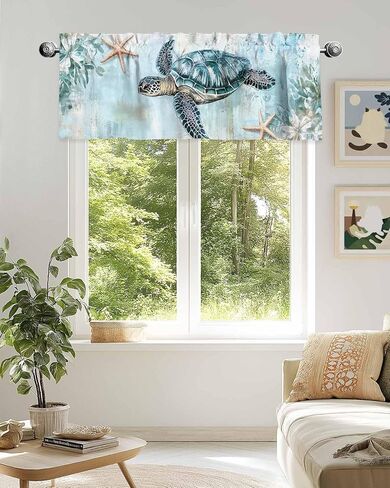 Nautical Coastal Valance for Windows, Beach Sea Turtle Starfish Ocean Ocean Rod Pocket Curtain Valances for Living Room Bathroom Underwater World Window Treatment Valances 54"W x 18"L, 1 Panel in Kuwait