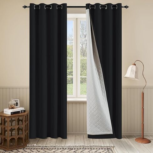 3-in-1 Winter Heavy Curtains-Thermal 100% Blackout Curtains for Bedroom Living Room with Grommet Design 1 Panel Black 50x80 Inch in Kuwait