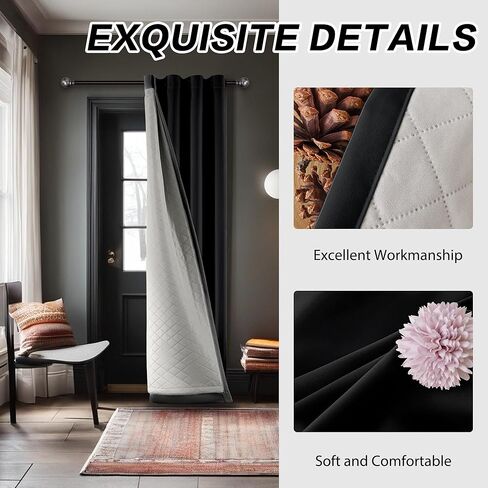 3-in-1 Winter Heavy Curtains-Thermal 100% Blackout Curtains for Bedroom Living Room with Grommet Design 1 Panel Black 50x80 Inch in Kuwait