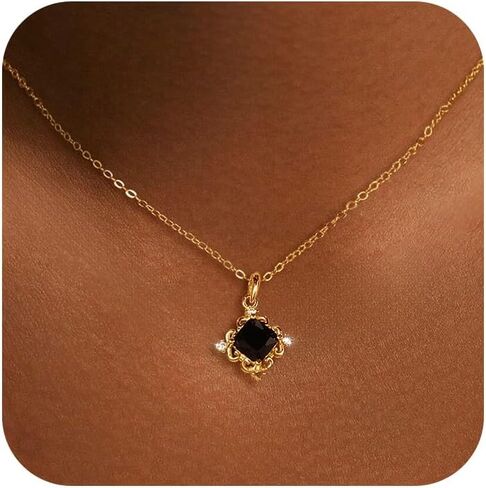 Dainty Black Onyx Necklace for Women,925 Sterling Silver Black Crystal Birthstone Pendant Neckalce for Mother Daughter 14K Gold Plated Square CZ Gemstone Choker Necklace Special Birthday Wedding Jewelry Gifts for Her in Saudi Arabia
