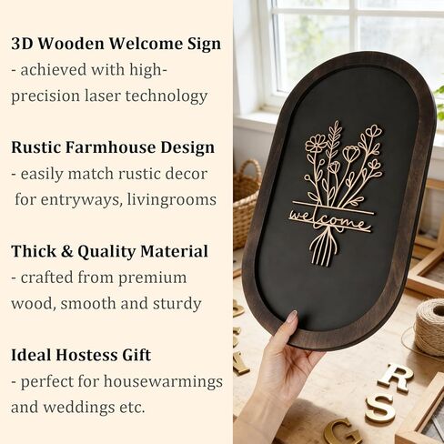 Welcome Sign for Front Porch, 3D Farmhouse Welcome Decor Rustic Wood Door Sign Distressed Home Wall Art with 3D Flower Patterns for Entryway Living Room Office Housewarming Decor in Kuwait