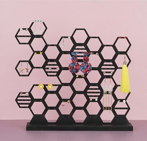 حامل أقراط على شكل قرص العسل قطعة واحدة - منظم أقراط متعدد الوظائف وحامل عرض مجوهرات للأقراط وأزرار الأذن والخطافات، تخزين سطح المكتب متين وأنيق (أسود) in Kuwait