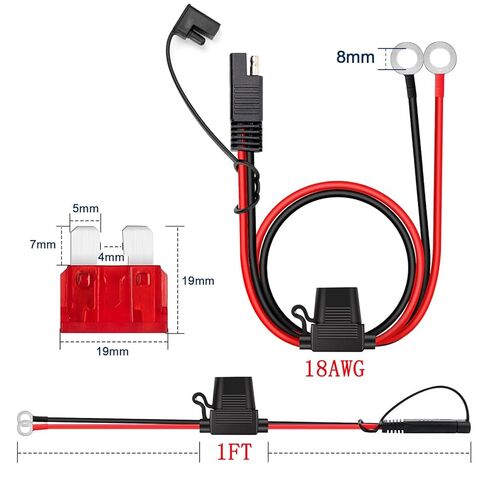 2FT 18AWG Extension Cable ，SAE to O Ring Terminal Harness with 15A Fuse, 2-Pin Quick Disconnect Plug, for Motorcycle, Car Battery Charger/Maintainer (12V, 60CM) in Kuwait