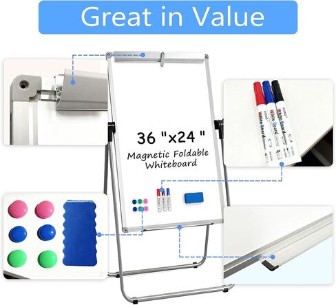 لوحة بيضاء مزدوجة الجوانب من كيزبي مع حامل - 36 بوصة × 24 بوصة حامل مغناطيسي قابل للحمل سبورة بيضاء على شكل حرف U ارتفاع قابل للتعديل ودوران 360 درجة لوحة مسح جافة للمكتب المنزلي والفصول الدراسية in Kuwait