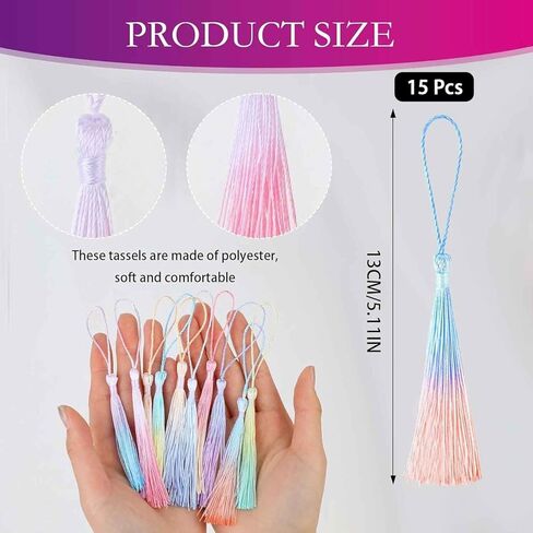 15Pcs Mini Tassels Bookmark for Crafts, 5 Inch 10 Colors Silky Soft with Cord Loops Handmade for DIY Keychain Jewelry Making in Kuwait