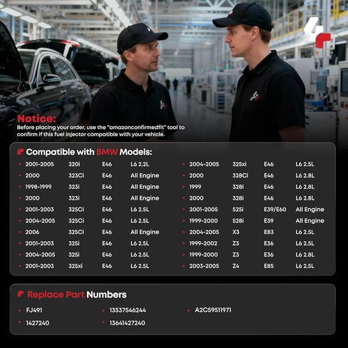Fuel Injectors Set of 6, 13537546244 Compatible with BMW 320i 325i 325xi 525i 2001-2005, 323Ci 328Ci 2000, 323i 1998-2000, 325Ci 2001-2006, 328i 528i X3 Z3 Z4 -L6 2.5L 2.8L ALL Engine in Kuwait