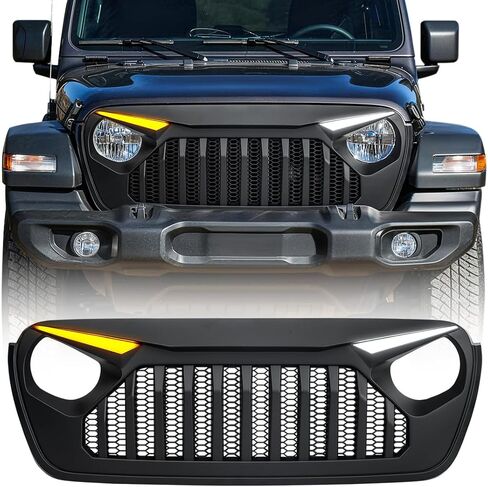 شبكة أمامية فيدر متوافقة مع سيارة جيب رانجلر JL JLU Gladiator JT 2018-2025، مع مصابيح إشارة الانعطاف DRL، أسود غير لامع in Kuwait