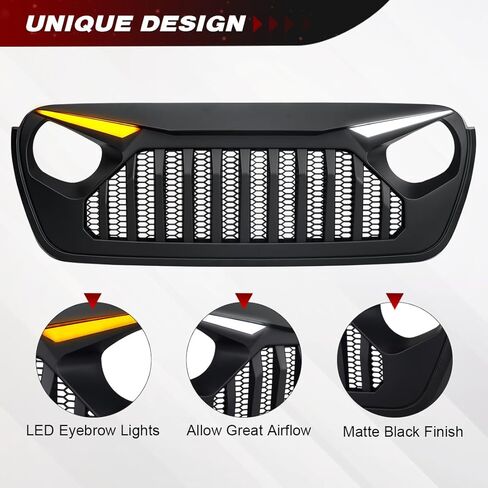 شبكة أمامية فيدر متوافقة مع سيارة جيب رانجلر JL JLU Gladiator JT 2018-2025، مع مصابيح إشارة الانعطاف DRL، أسود غير لامع in Kuwait