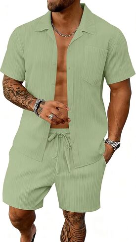مجموعة Bealin الرجالية القصيرة مكونة من قطعتين من ملابس الصيف للشاطئ والقمصان والسراويل القصيرة ذات الجيب المزخرف بأزرار سفلية in Kuwait