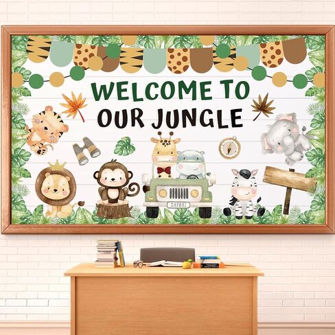 52 Pcs Safari Animal Bulletin Board Decoration Set Welcome to Our Jungle Paper Cutouts with Hanging Garland for Back to School Classroom in Saudi Arabia