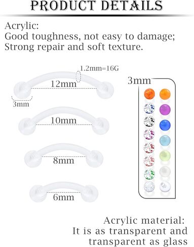 مجموعة مجوهرات ومثبتات ثقب الحواجب الشفافة 16 جرام - سيليكون مرن، لابريت عمودي، حلقات لسان عيون الثعبان/عيون الضفدع للرجال والنساء - مقاسات 6 مم 2 مم للعمل الجراحي والارتداء اليومي in Kuwait