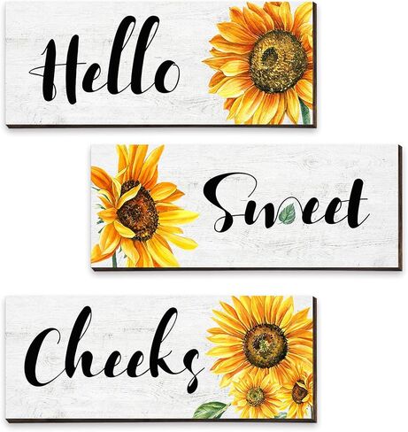 3 Pieces Sunflower Wall Decor Hello Sweet Wooden Wall Art Signs Summer Sunflowers Prints Hanging Plaques Rustic Classic Sunflowers Positive Sign Decor for Bathroom Kitchen, 10 x 4 x 0.2 Inch(White) in Saudi Arabia
