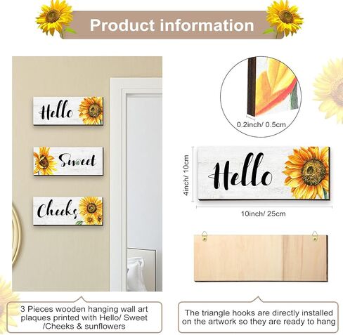 3 Pieces Sunflower Wall Decor Hello Sweet Wooden Wall Art Signs Summer Sunflowers Prints Hanging Plaques Rustic Classic Sunflowers Positive Sign Decor for Bathroom Kitchen, 10 x 4 x 0.2 Inch(White) in Saudi Arabia