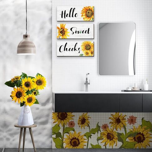 3 Pieces Sunflower Wall Decor Hello Sweet Wooden Wall Art Signs Summer Sunflowers Prints Hanging Plaques Rustic Classic Sunflowers Positive Sign Decor for Bathroom Kitchen, 10 x 4 x 0.2 Inch(White) in Saudi Arabia