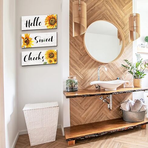 3 Pieces Sunflower Wall Decor Hello Sweet Wooden Wall Art Signs Summer Sunflowers Prints Hanging Plaques Rustic Classic Sunflowers Positive Sign Decor for Bathroom Kitchen, 10 x 4 x 0.2 Inch(White) in Saudi Arabia