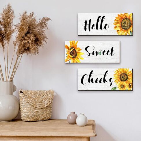3 Pieces Sunflower Wall Decor Hello Sweet Wooden Wall Art Signs Summer Sunflowers Prints Hanging Plaques Rustic Classic Sunflowers Positive Sign Decor for Bathroom Kitchen, 10 x 4 x 0.2 Inch(White) in Saudi Arabia