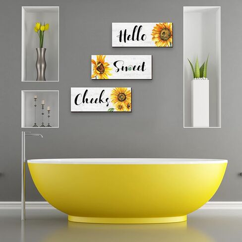 3 Pieces Sunflower Wall Decor Hello Sweet Wooden Wall Art Signs Summer Sunflowers Prints Hanging Plaques Rustic Classic Sunflowers Positive Sign Decor for Bathroom Kitchen, 10 x 4 x 0.2 Inch(White) in Saudi Arabia