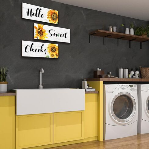 3 Pieces Sunflower Wall Decor Hello Sweet Wooden Wall Art Signs Summer Sunflowers Prints Hanging Plaques Rustic Classic Sunflowers Positive Sign Decor for Bathroom Kitchen, 10 x 4 x 0.2 Inch(White) in Saudi Arabia