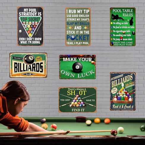 Funny Billiards Metal Tin Sign - Vintage Pool Table Accessories, Billiard Room Wall Art for Game Room & Man Cave Decor, Sports Bar Signs, Unique Gifts for Men 8 x 12 Inch（7pcs） in Saudi Arabia