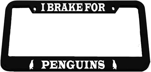 Speedy Pros I Brake for Penguins Zinc Metal License Plate Frame Car Auto Tag Holder - Black 2 Holes in Saudi Arabia