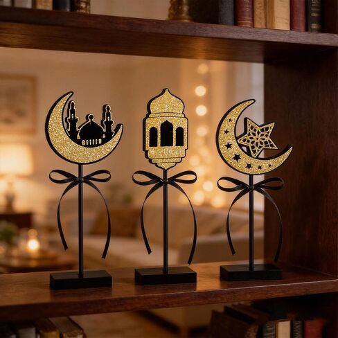 3-Piece Wooden Ramadan Decoration Set, 9.5/10.3/11 Inches Eid Table Centerpieces with Festive Ribbon for Home and Ramadan Mubarak Decor in Kuwait