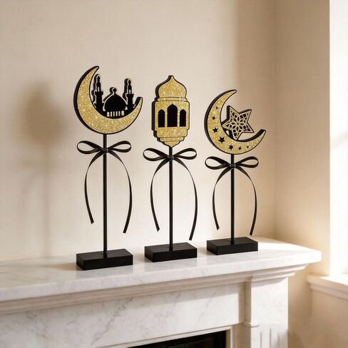 3-Piece Wooden Ramadan Decoration Set, 9.5/10.3/11 Inches Eid Table Centerpieces with Festive Ribbon for Home and Ramadan Mubarak Decor in Kuwait