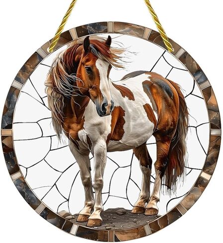 Colorful Acrylic Suncatcher, Paint Horse Stone 7-inch Hanging Window Wall Art Decor with Printed Stained Glass Style Design, Gift Idea & Garden Ornament Indoor Outdoor Use in Saudi Arabia