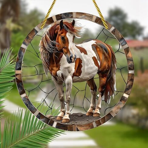 Colorful Acrylic Suncatcher, Paint Horse Stone 7-inch Hanging Window Wall Art Decor with Printed Stained Glass Style Design, Gift Idea & Garden Ornament Indoor Outdoor Use in Saudi Arabia