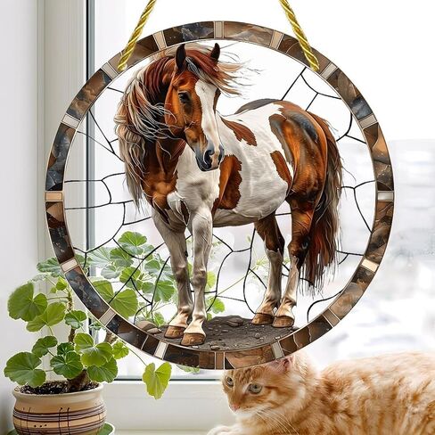 Colorful Acrylic Suncatcher, Paint Horse Stone 7-inch Hanging Window Wall Art Decor with Printed Stained Glass Style Design, Gift Idea & Garden Ornament Indoor Outdoor Use in Saudi Arabia