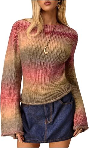 SOLY HUX Women's Y2k Sweaters Pullover Long Bell Sleeve Ombre Ribbed Fitted Tops Streetwear in Saudi Arabia