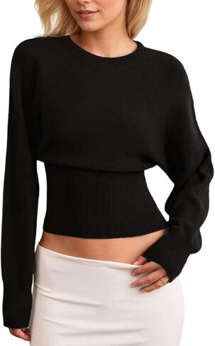 سترة نسائية محبوكة برقبة دائرية من LOFAAC سترة علوية كاجوال ضيقة وأكمام طويلة مكشكشة للخروج بلوفر in Kuwait