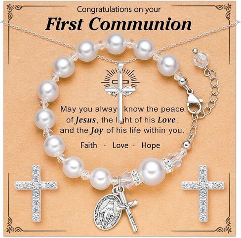First Communion Gifts for Girls Catholic Jewelry Set First Holy Communion Girls Gifts with Cross Necklace Bracelets Earrings card for Ceremony Keepsake and Daily Faith Reminder in Kuwait