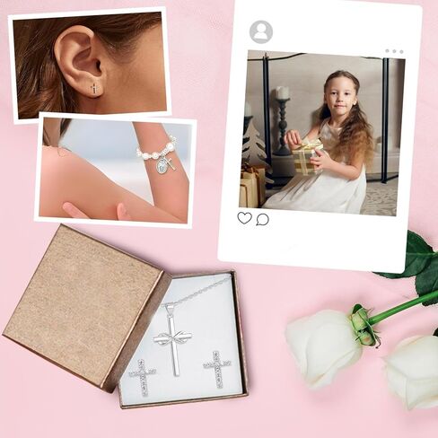 First Communion Gifts for Girls Catholic Jewelry Set First Holy Communion Girls Gifts with Cross Necklace Bracelets Earrings card for Ceremony Keepsake and Daily Faith Reminder in Kuwait