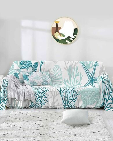 Turquoise Grey Coastal Coral Sofa Covers for 3 Cushion Couch,Washable Sectional & L Shape Couch Covers for Dogs/Cats,Ocean Nautical Summer Beach Turtle Non Slip Sofa Slipcover Futon Cover 71x150 in Saudi Arabia