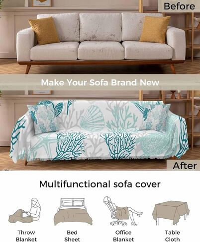 Turquoise Grey Coastal Coral Sofa Covers for 3 Cushion Couch,Washable Sectional & L Shape Couch Covers for Dogs/Cats,Ocean Nautical Summer Beach Turtle Non Slip Sofa Slipcover Futon Cover 71x150 in Saudi Arabia