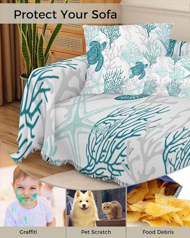 Turquoise Grey Coastal Coral Sofa Covers for 3 Cushion Couch,Washable Sectional & L Shape Couch Covers for Dogs/Cats,Ocean Nautical Summer Beach Turtle Non Slip Sofa Slipcover Futon Cover 71x150 in Saudi Arabia
