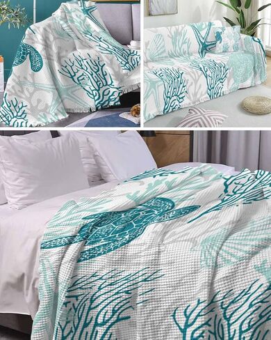 Turquoise Grey Coastal Coral Sofa Covers for 3 Cushion Couch,Washable Sectional & L Shape Couch Covers for Dogs/Cats,Ocean Nautical Summer Beach Turtle Non Slip Sofa Slipcover Futon Cover 71x150 in Saudi Arabia