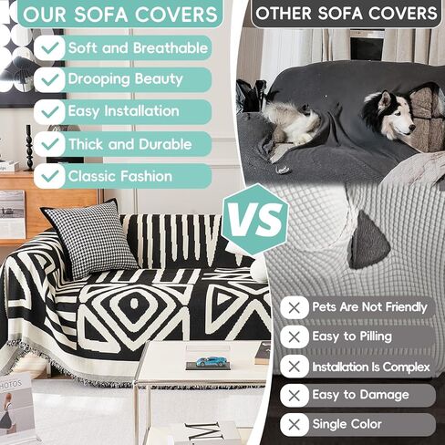 STACYPIK Modern Boho Sofa Cover for Dogs Chenille Couch Cover with Tassels Reversible Anti Slip Sofa Slipcover for 3 Cushion Couch Soft Black Beige L Shaped Cover Multi-Use Throw Blankets-71X134IN in Kuwait