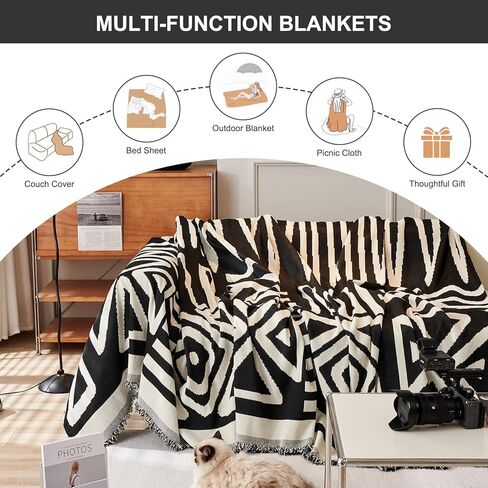 STACYPIK Modern Boho Sofa Cover for Dogs Chenille Couch Cover with Tassels Reversible Anti Slip Sofa Slipcover for 3 Cushion Couch Soft Black Beige L Shaped Cover Multi-Use Throw Blankets-71X134IN in Kuwait